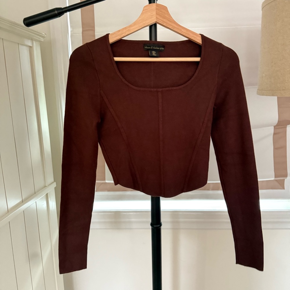 House of Harlow 1960 Brown Fitted Corset Style Cropped Knit Top